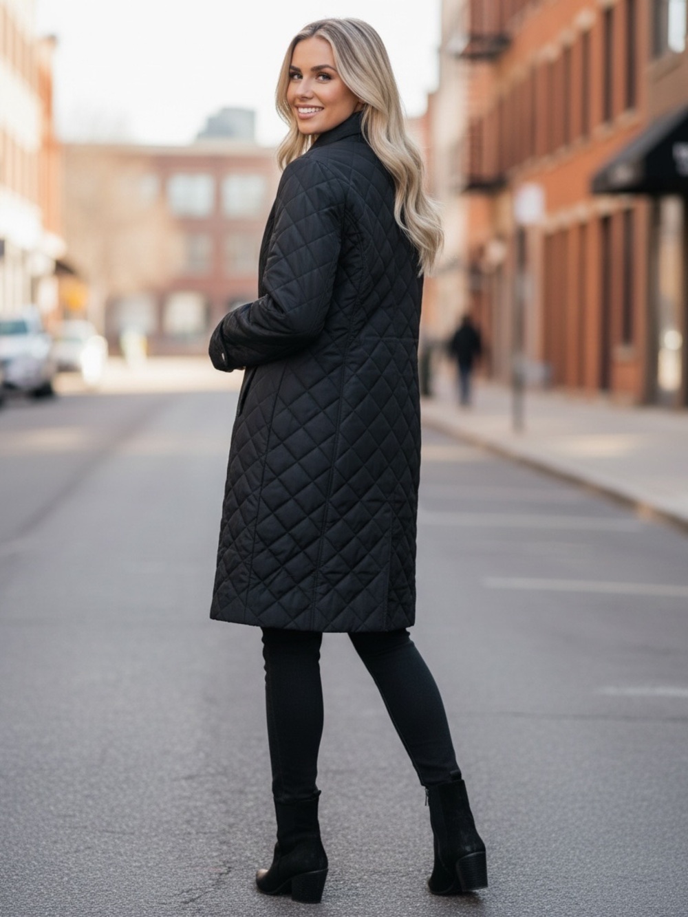 Lands end Black Quilted Long Coat  Jackets & Coats